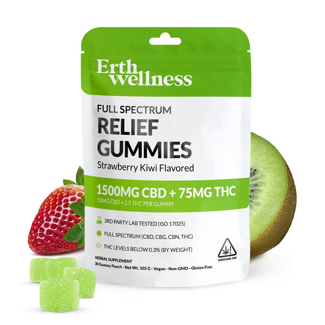 Full Spectrum RELIEF Gummies - Vegan - Strawberry Kiwi - 1500mg CBD + 75mg THC | Third Party Brands | 420 Science